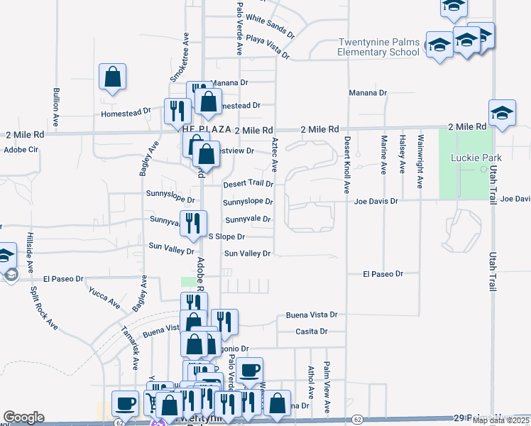 map of restaurants, bars, coffee shops, grocery stores, and more near 73874 Sunnyvale Drive in Twentynine Palms