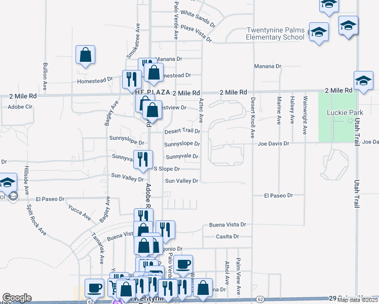 map of restaurants, bars, coffee shops, grocery stores, and more near 73874 Sunnyvale Drive in Twentynine Palms