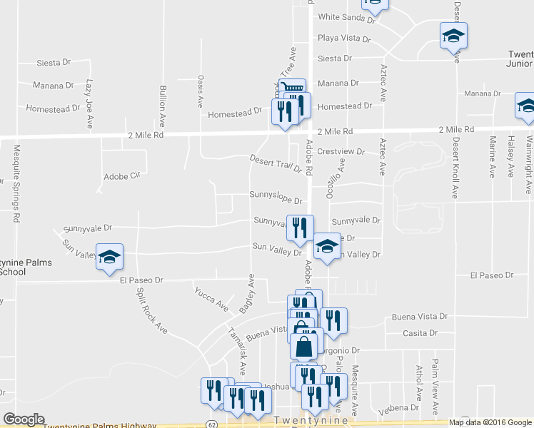 map of restaurants, bars, coffee shops, grocery stores, and more near 73598 Sunnyvale Drive in Twentynine Palms