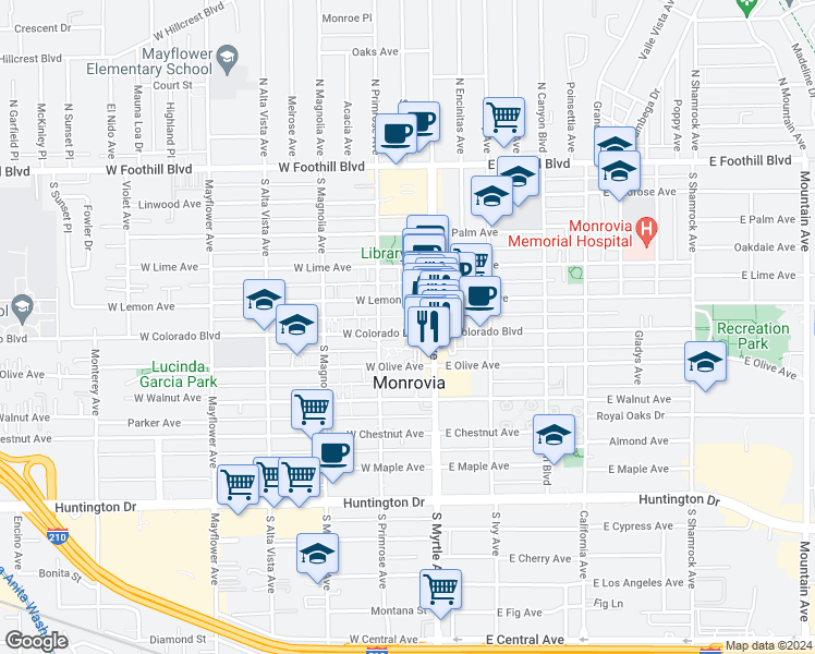 map of restaurants, bars, coffee shops, grocery stores, and more near 125 West Colorado Boulevard in Monrovia
