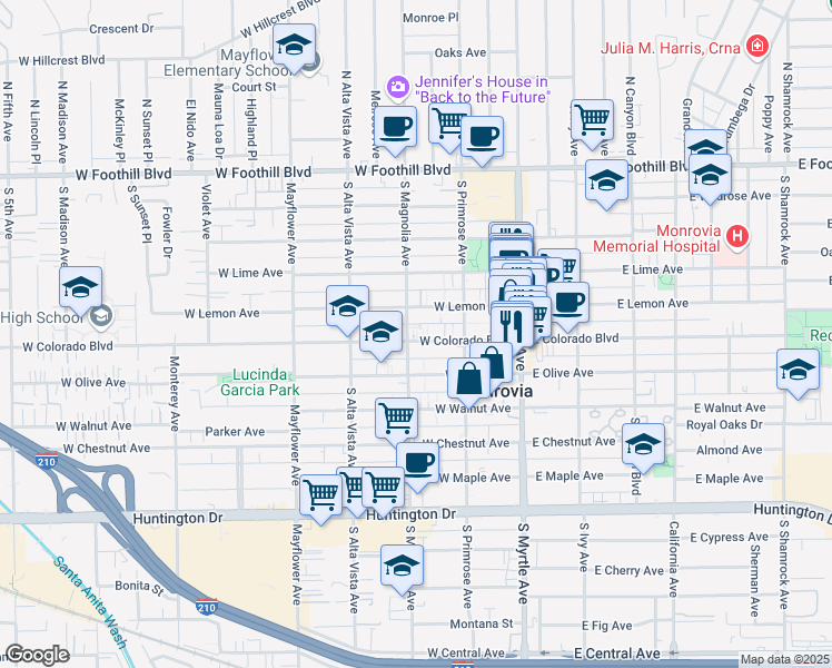 map of restaurants, bars, coffee shops, grocery stores, and more near 243 West Colorado Boulevard in Monrovia