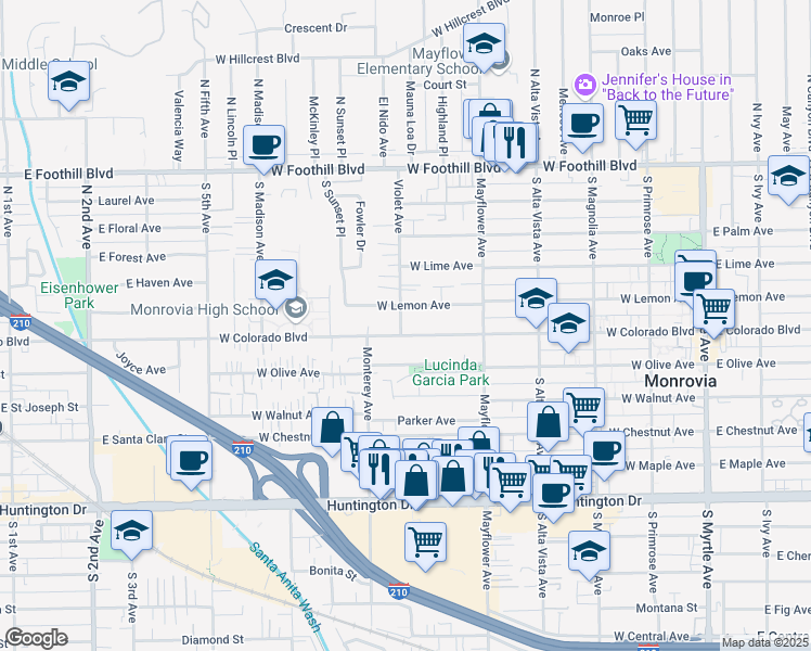 map of restaurants, bars, coffee shops, grocery stores, and more near 629 West Colorado Boulevard in Monrovia