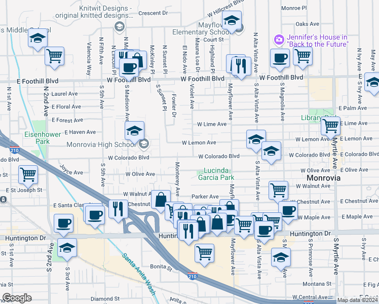 map of restaurants, bars, coffee shops, grocery stores, and more near 721 West Colorado Boulevard in Monrovia