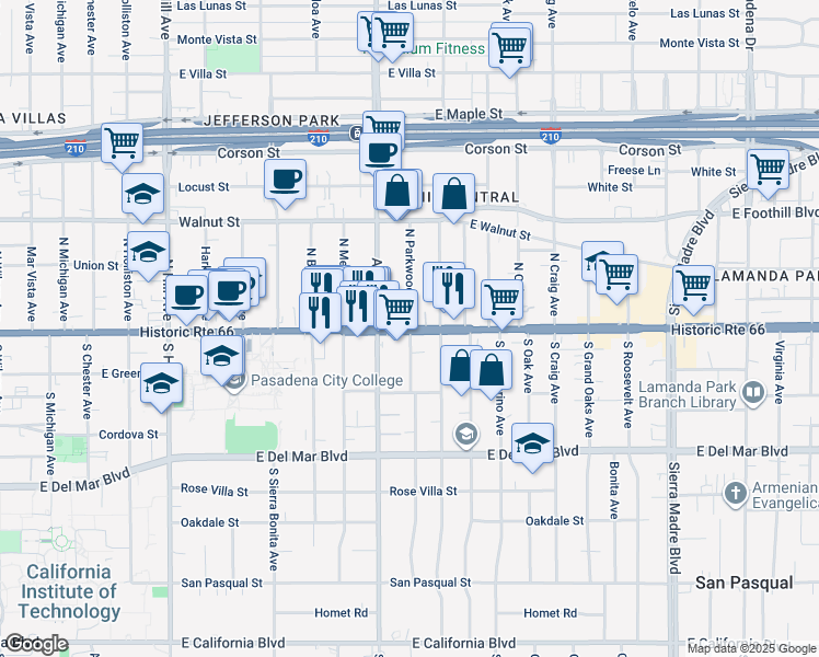 map of restaurants, bars, coffee shops, grocery stores, and more near 1890 East Colorado Boulevard in Pasadena