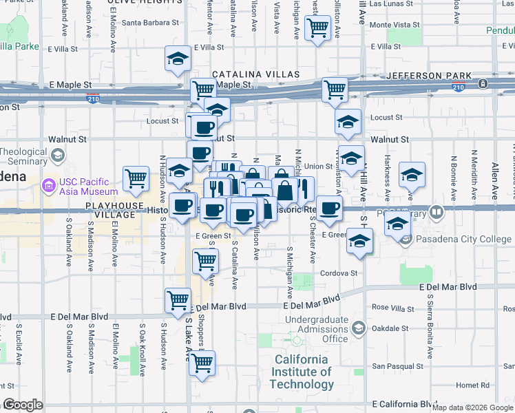 map of restaurants, bars, coffee shops, grocery stores, and more near in Pasadena
