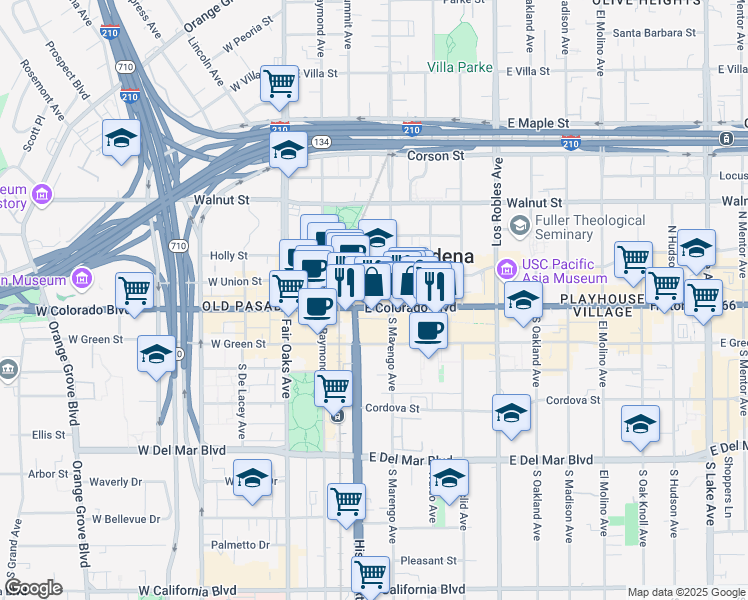 map of restaurants, bars, coffee shops, grocery stores, and more near 12 East Colorado Boulevard in Pasadena