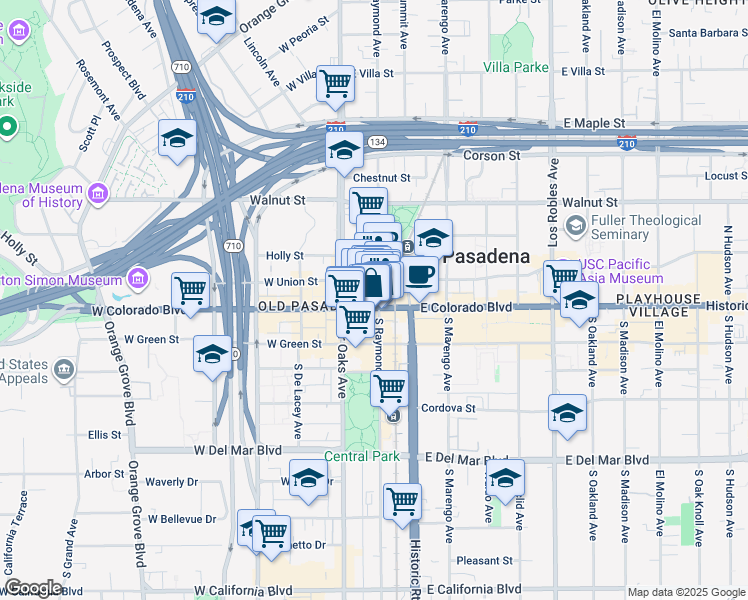 map of restaurants, bars, coffee shops, grocery stores, and more near in Pasadena
