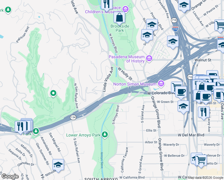 map of restaurants, bars, coffee shops, grocery stores, and more near 825 Las Palmas Road in Pasadena
