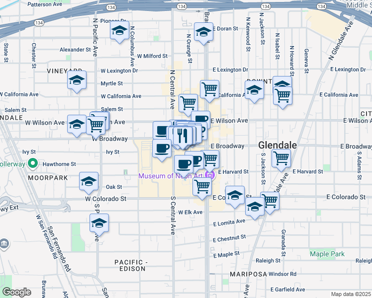 map of restaurants, bars, coffee shops, grocery stores, and more near 100 West Broadway in Glendale