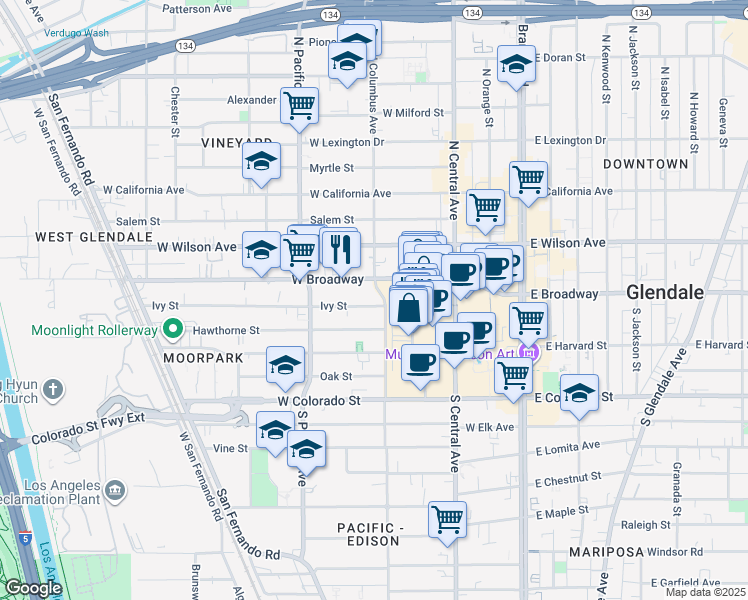 map of restaurants, bars, coffee shops, grocery stores, and more near 405 Ivy Street in Glendale
