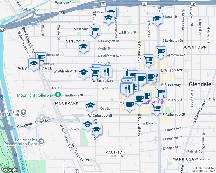 map of restaurants, bars, coffee shops, grocery stores, and more near 451 Ivy Street in Glendale