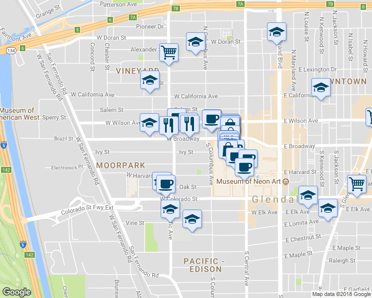 map of restaurants, bars, coffee shops, grocery stores, and more near 451 Ivy Street in Glendale