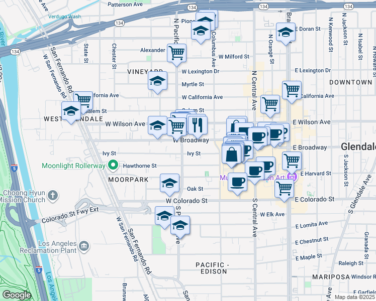 map of restaurants, bars, coffee shops, grocery stores, and more near 451 Ivy Street in Glendale