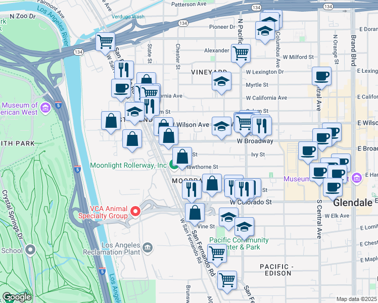 map of restaurants, bars, coffee shops, grocery stores, and more near 655 Ivy Street in Glendale