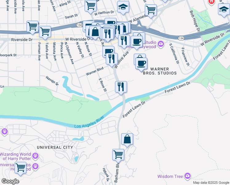 map of restaurants, bars, coffee shops, grocery stores, and more near in Burbank