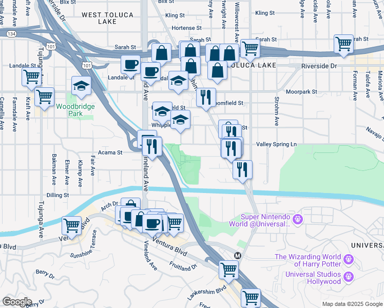 map of restaurants, bars, coffee shops, grocery stores, and more near 10841 Acama Street in Los Angeles