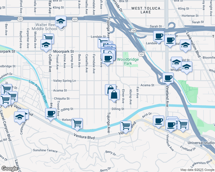 map of restaurants, bars, coffee shops, grocery stores, and more near 4230 Tujunga Avenue in Los Angeles