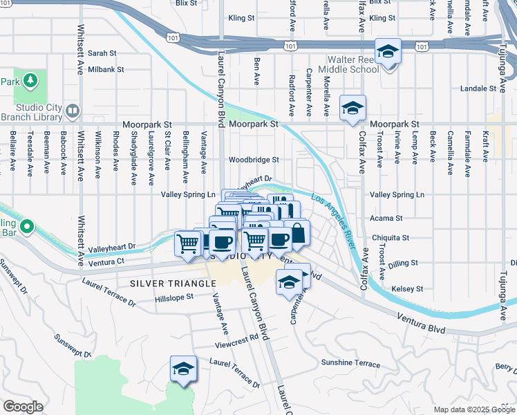 map of restaurants, bars, coffee shops, grocery stores, and more near 12036 Guerin Street in Los Angeles