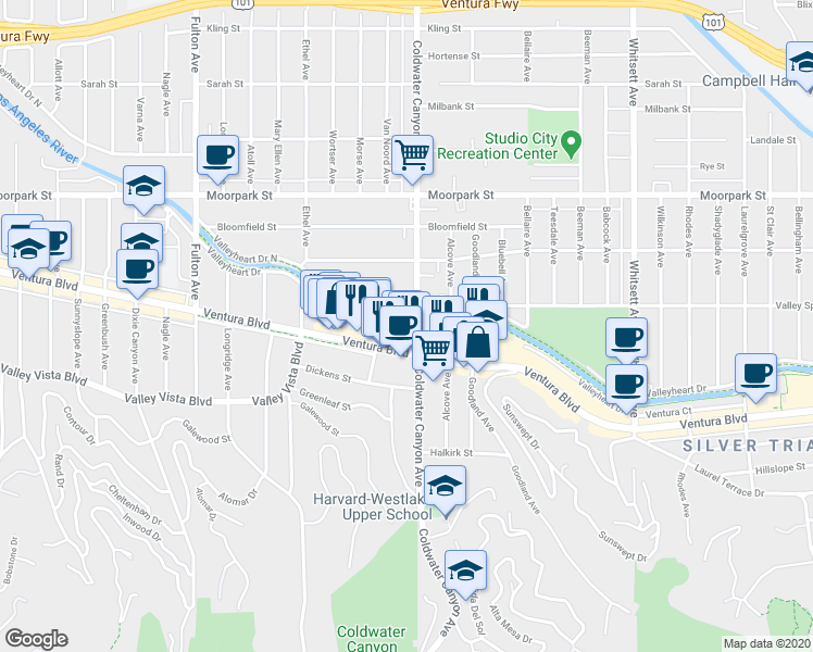 map of restaurants, bars, coffee shops, grocery stores, and more near 12918 Valleyheart Drive in Los Angeles