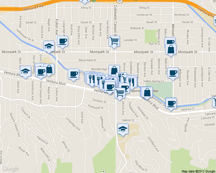 map of restaurants, bars, coffee shops, grocery stores, and more near 12918 Valleyheart Drive in Los Angeles