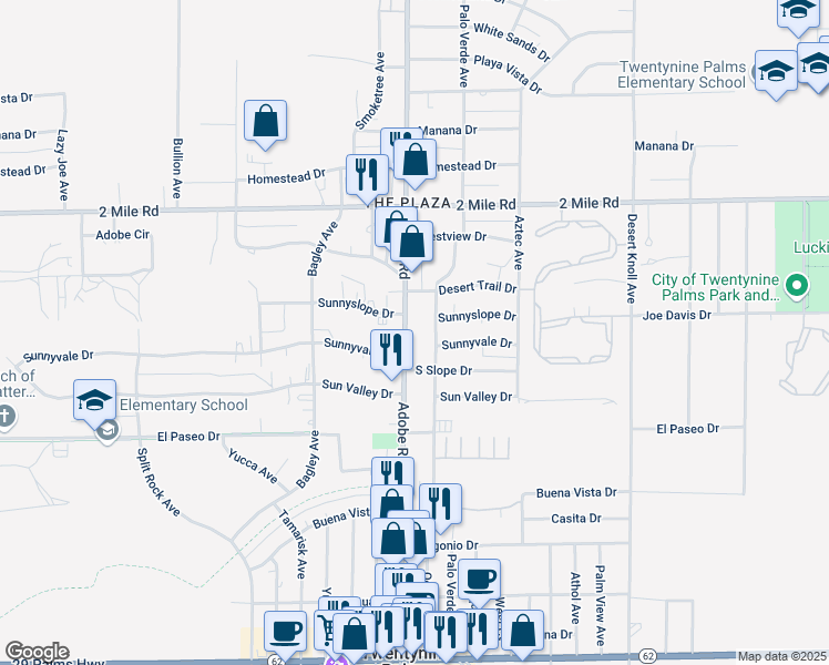 map of restaurants, bars, coffee shops, grocery stores, and more near 5915 Adobe Road in Twentynine Palms