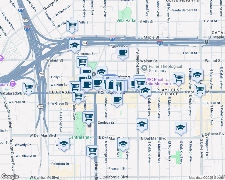map of restaurants, bars, coffee shops, grocery stores, and more near 281 East Colorado Boulevard in Pasadena