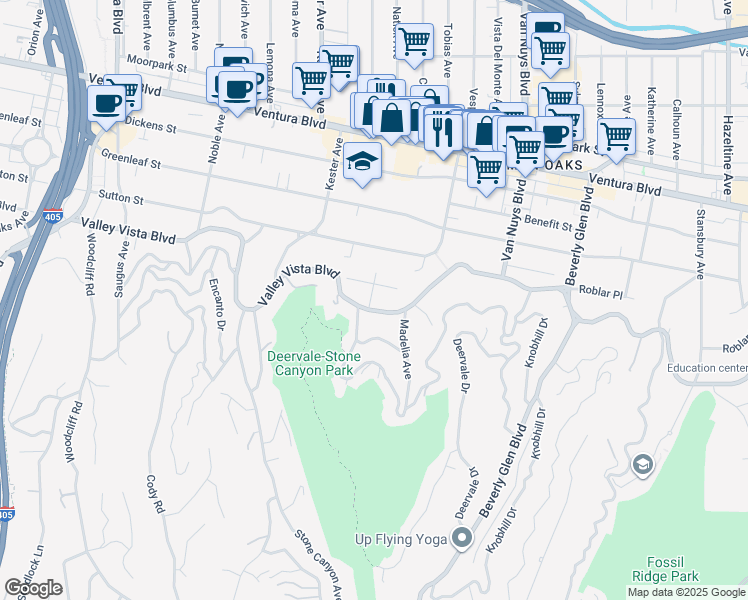 map of restaurants, bars, coffee shops, grocery stores, and more near 14691 Valley Vista Boulevard in Los Angeles