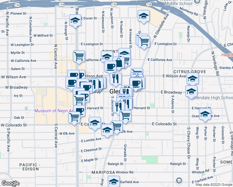 map of restaurants, bars, coffee shops, grocery stores, and more near 510 East Broadway in Glendale