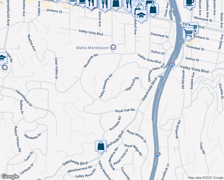 map of restaurants, bars, coffee shops, grocery stores, and more near 4125 Royal Crest Place in Los Angeles