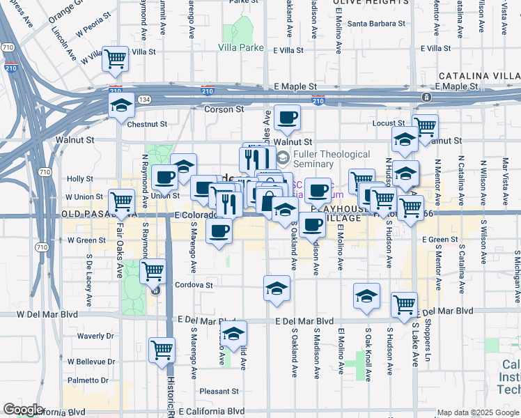 map of restaurants, bars, coffee shops, grocery stores, and more near in Pasadena