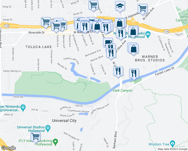 map of restaurants, bars, coffee shops, grocery stores, and more near 225 South Valley Street in Burbank