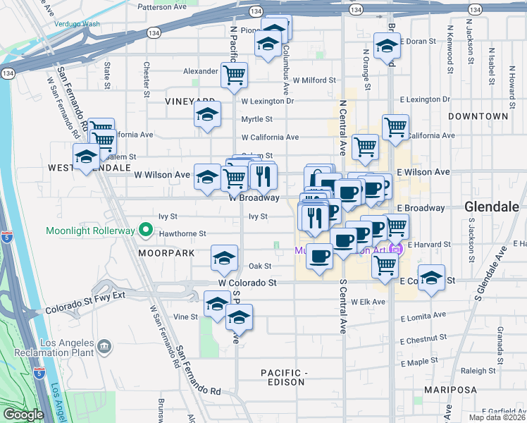 map of restaurants, bars, coffee shops, grocery stores, and more near 1/2 Glendale Boulevard in Los Angeles