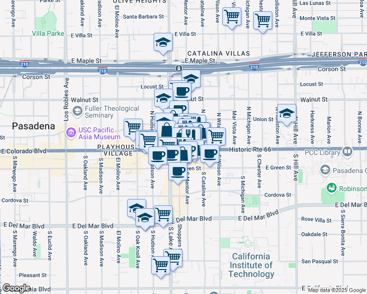 map of restaurants, bars, coffee shops, grocery stores, and more near 931 East Colorado Boulevard in Pasadena