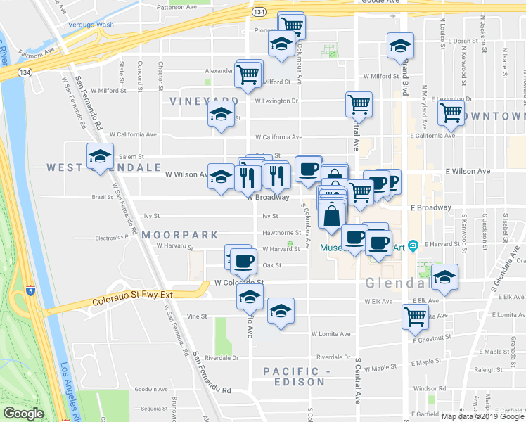 map of restaurants, bars, coffee shops, grocery stores, and more near 465 Ivy Street in Glendale