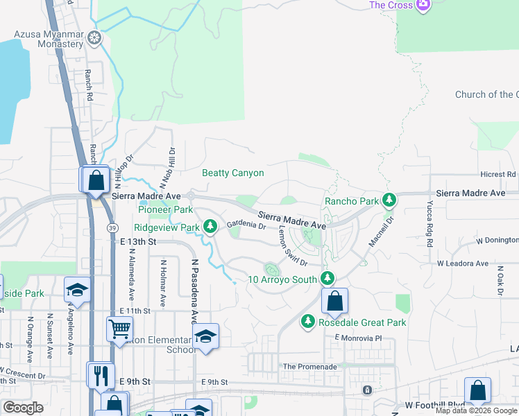 map of restaurants, bars, coffee shops, grocery stores, and more near 614 East Mandevilla Way in Azusa