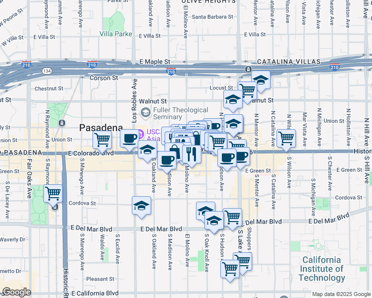 map of restaurants, bars, coffee shops, grocery stores, and more near 647 East Colorado Boulevard in Pasadena