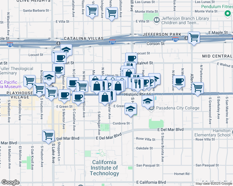 map of restaurants, bars, coffee shops, grocery stores, and more near 1283 East Colorado Boulevard in Pasadena