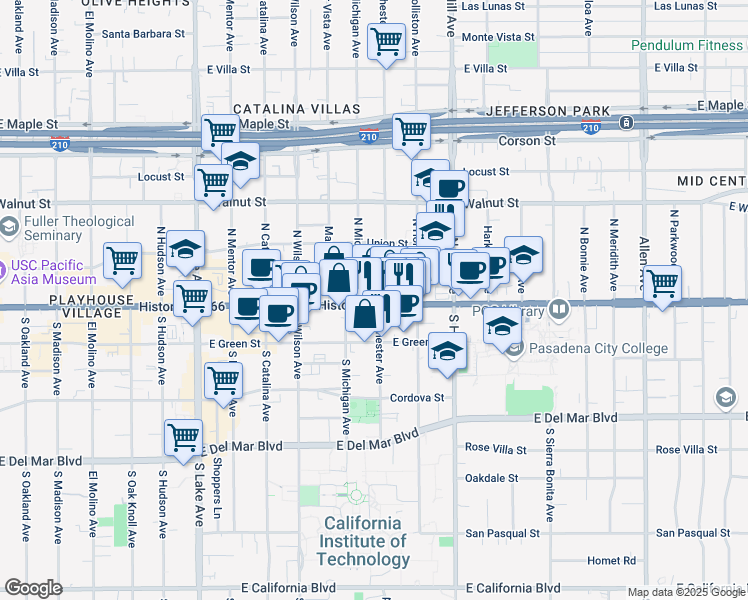 map of restaurants, bars, coffee shops, grocery stores, and more near 1227 East Colorado Boulevard in Pasadena