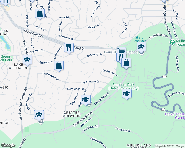 map of restaurants, bars, coffee shops, grocery stores, and more near 4200 Bon Homme Road in Calabasas