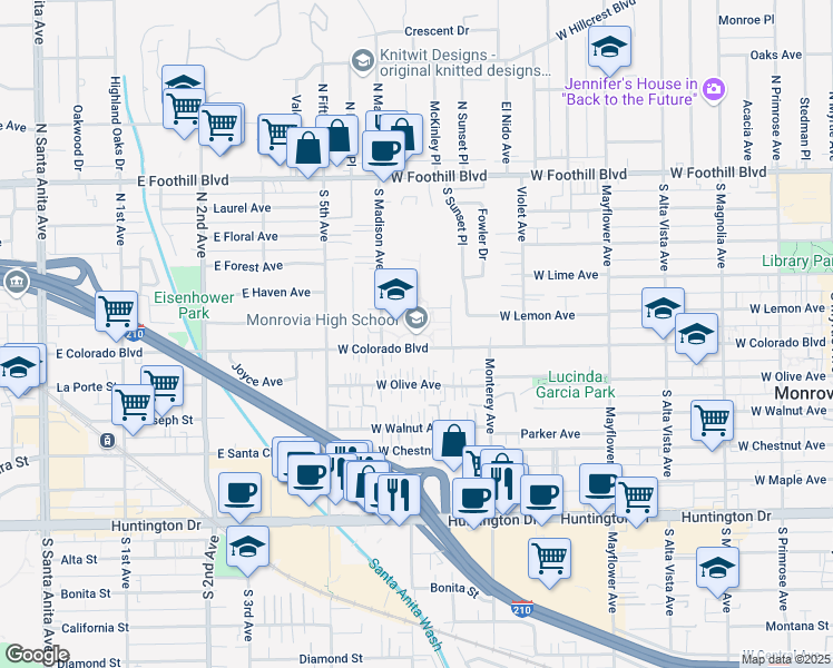 map of restaurants, bars, coffee shops, grocery stores, and more near 845 West Colorado Boulevard in Monrovia