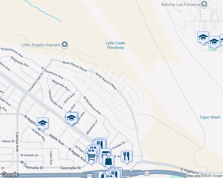 map of restaurants, bars, coffee shops, grocery stores, and more near 355 East Country Club Drive in Rialto
