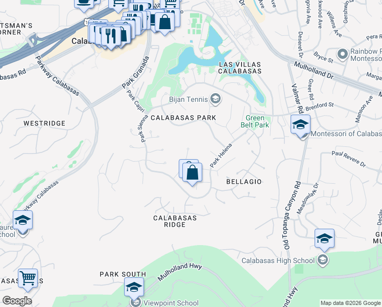 map of restaurants, bars, coffee shops, grocery stores, and more near 4372 Park Vicente in Calabasas