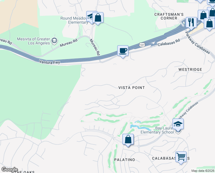 map of restaurants, bars, coffee shops, grocery stores, and more near 24620 Cordillera Drive in Calabasas