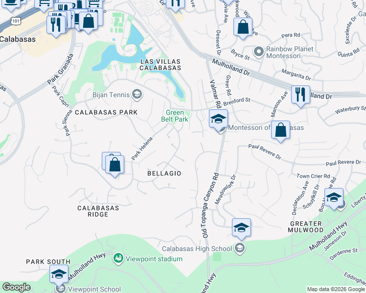 map of restaurants, bars, coffee shops, grocery stores, and more near 4324 Park Verdi in Calabasas