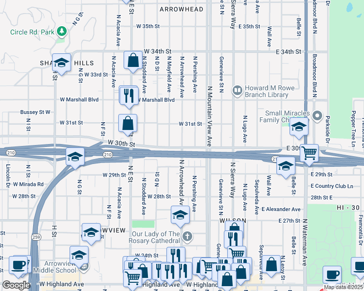 map of restaurants, bars, coffee shops, grocery stores, and more near 3000 North Arrowhead Avenue in San Bernardino