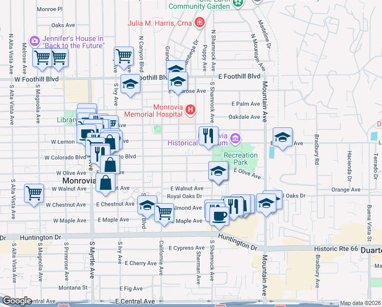 map of restaurants, bars, coffee shops, grocery stores, and more near 529 East Colorado Boulevard in Monrovia