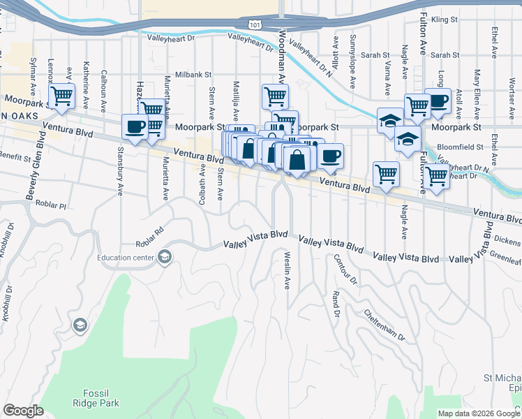map of restaurants, bars, coffee shops, grocery stores, and more near 4136 Mammoth Avenue in Los Angeles