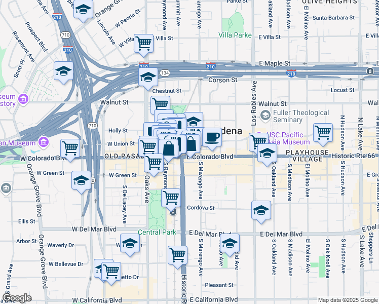 map of restaurants, bars, coffee shops, grocery stores, and more near in Pasadena
