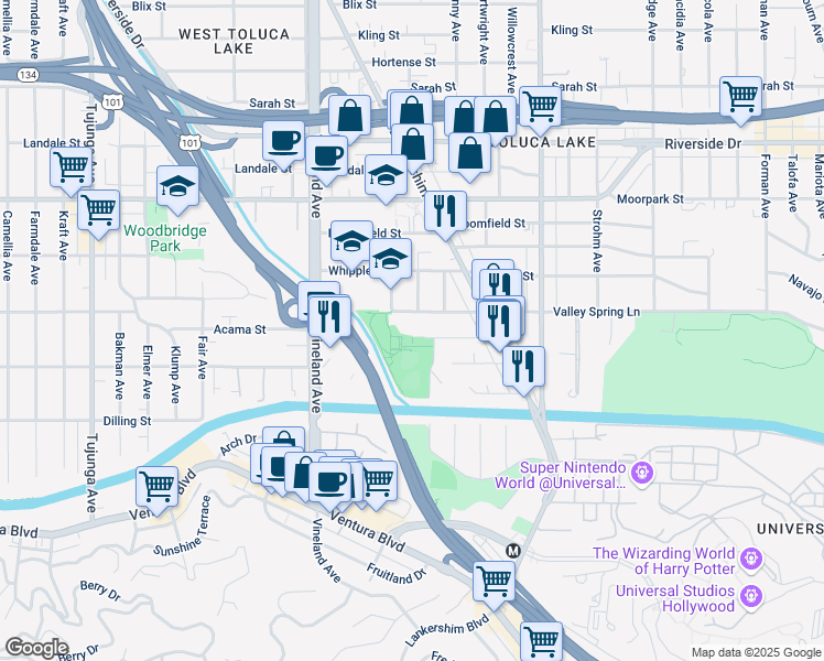 map of restaurants, bars, coffee shops, grocery stores, and more near 10841 Acama Street in Los Angeles