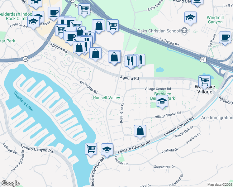 map of restaurants, bars, coffee shops, grocery stores, and more near 32027 Foxmoor Court in Westlake Village